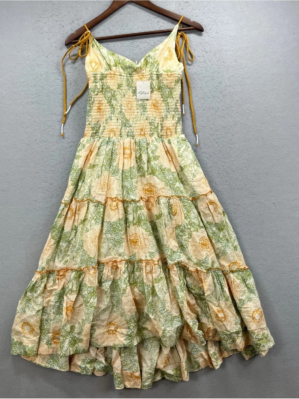Free People Yellow & Green Floral Tie-Shoulder Tiered Dress